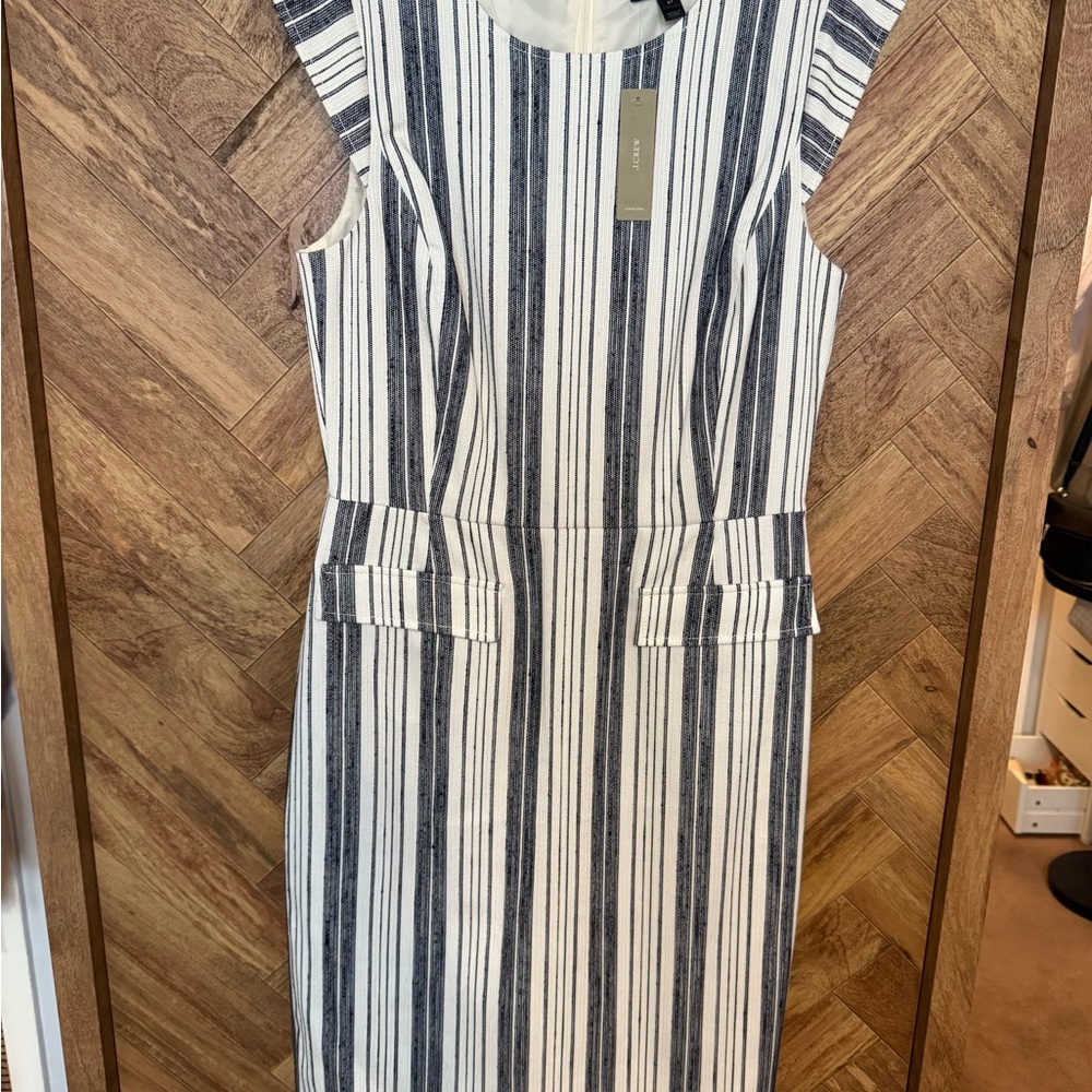 J. Crew White and Gray Sheath Midi Dress with Flutter Cap Sleeves